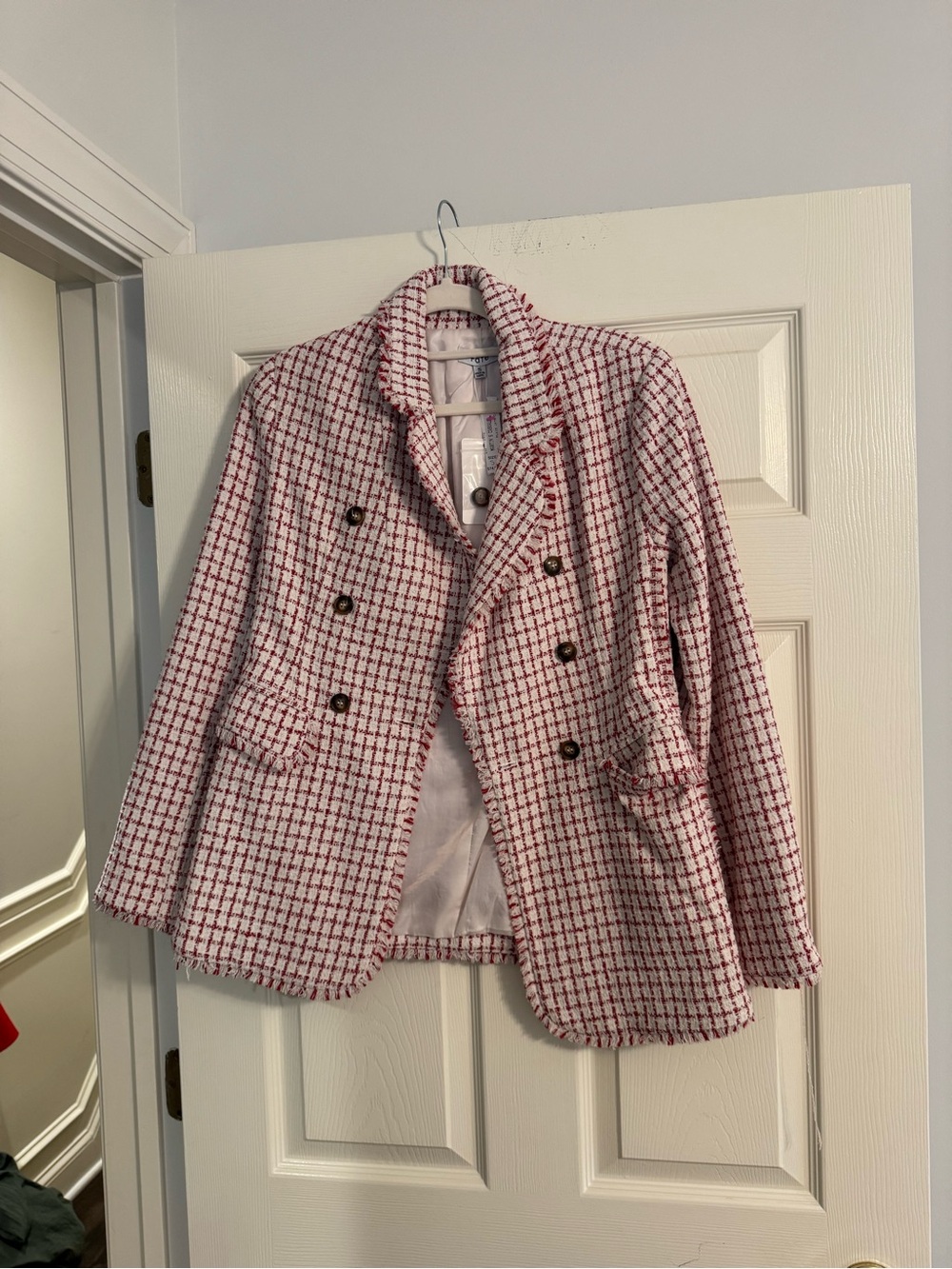 Fate Pink and White Plaid Double-Breasted Tweed Blazer